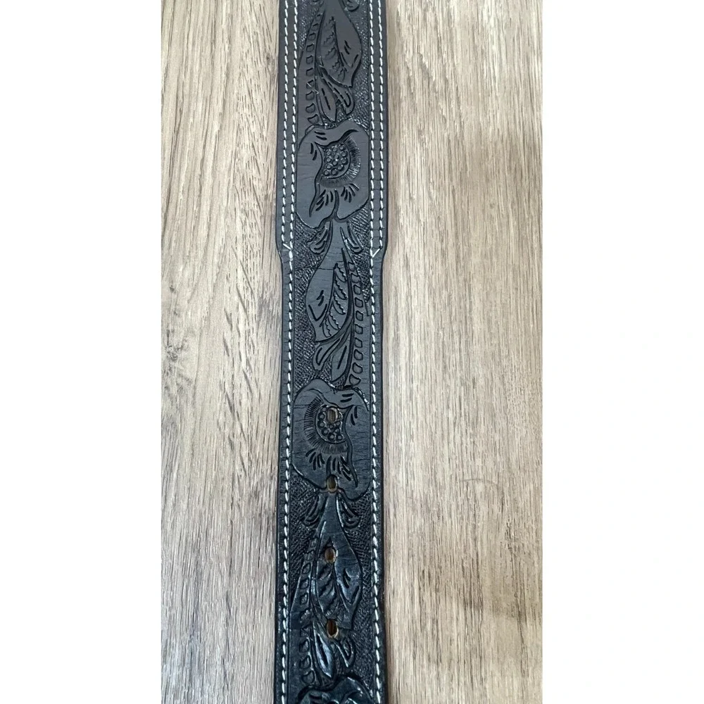 Cerrito Black Leather Belt 42 Embossed Floral Tooled Silver Tone Buckle Longhorn